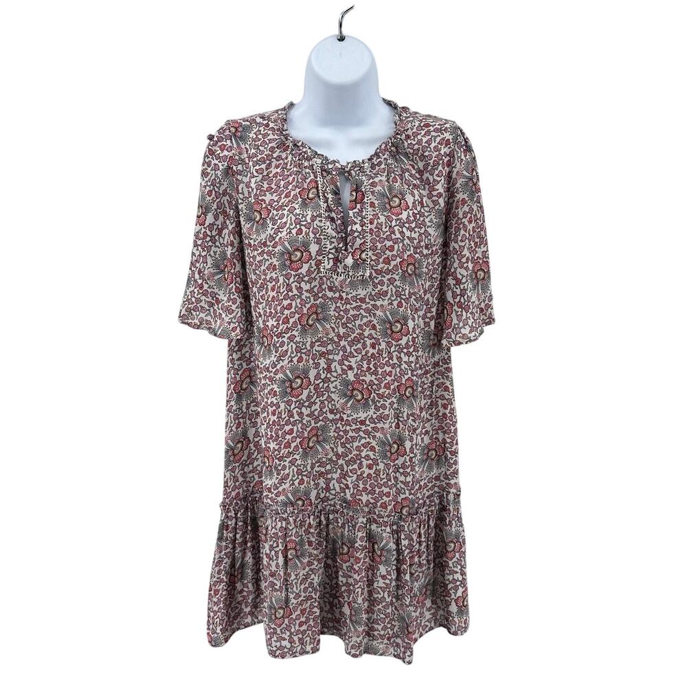Ann Taylor Loft Dress Pink Cream Women XS Floral Shift Mini Flutter Sleeve Lined